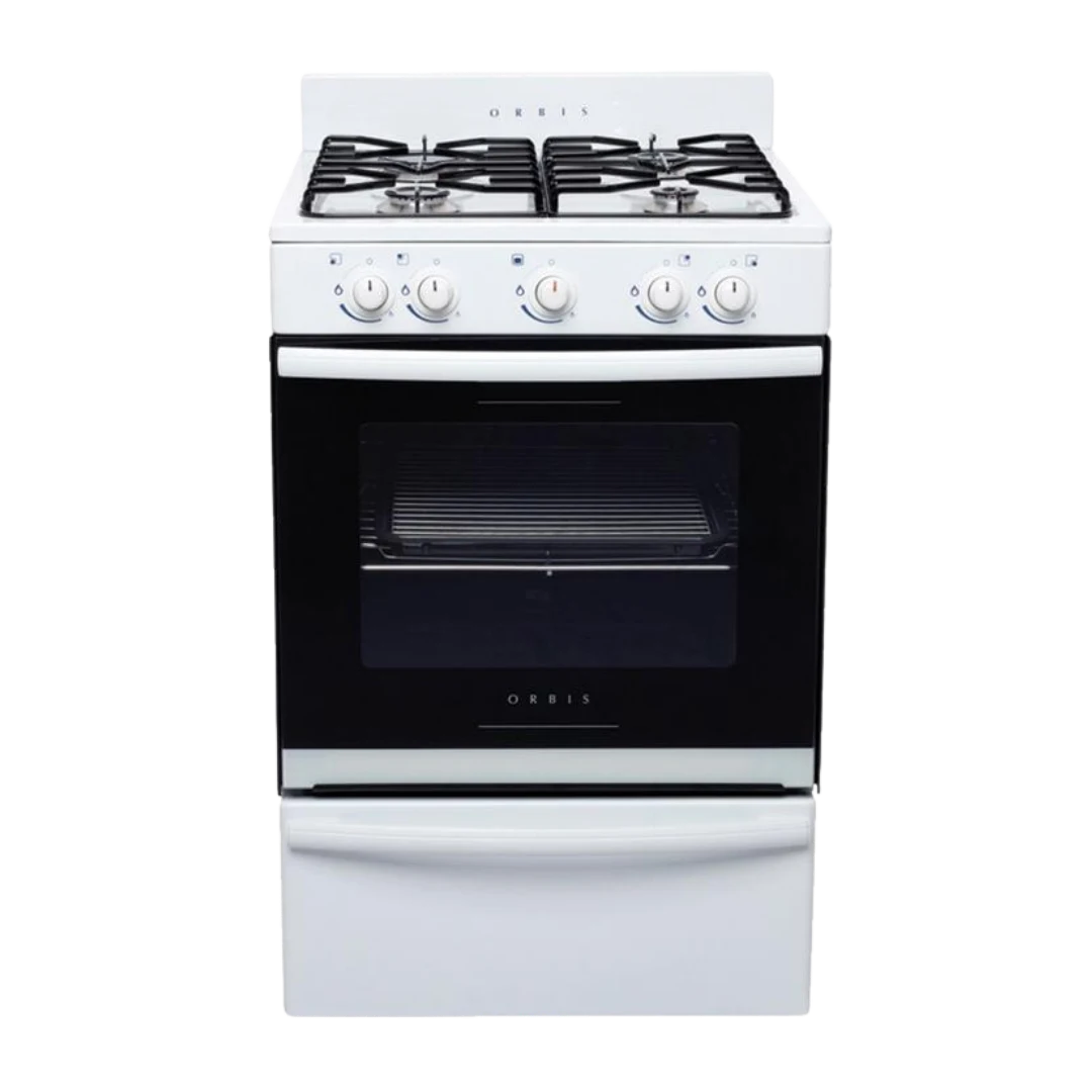 Cocina Orbis de cuatro hornallas con horno, vista de perfil